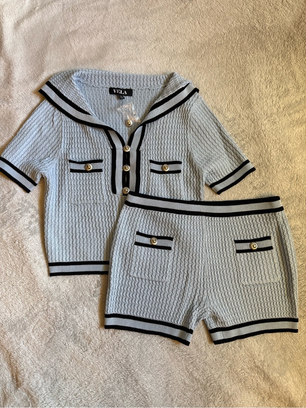 Vela Light Blue Knit Two-Piece Set with Black Trim